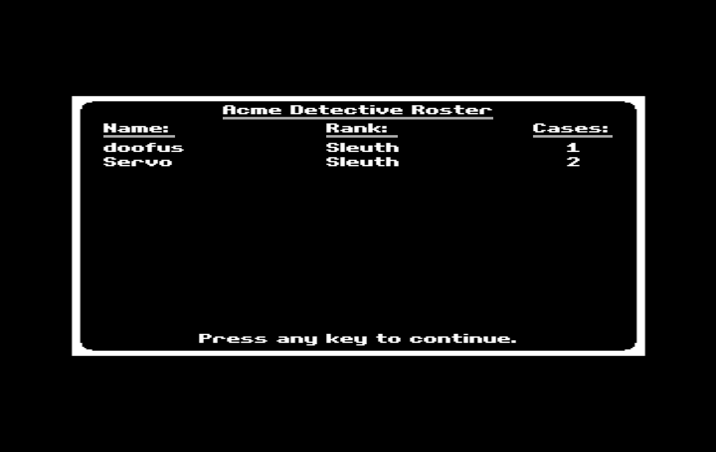 Where in the World is Carmen Sandiego? IBM PC/Compatibles Screenshot: Here's the detective roster...