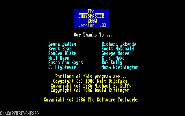 Chessmaster 2000, The IBM PC/Compatibles Screenshot: Game credits are shown when you quit the game.
