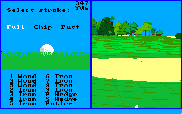Championship Golf: The Great Courses of the World - Volume One: Pebble Beach Amiga Screenshot: You can select a type of shot; I have a long distance to go, so a full shot is best.