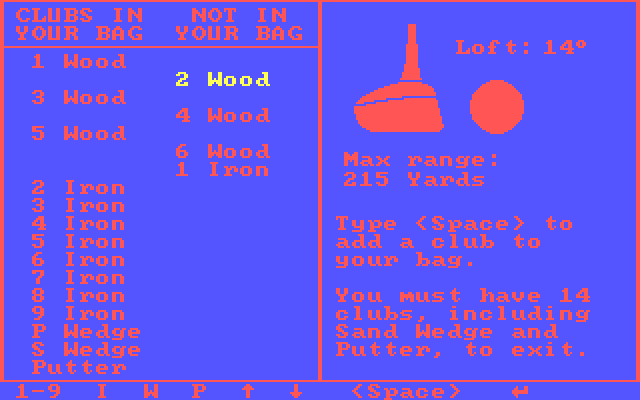 Championship Golf: The Great Courses of the World - Volume One: Pebble Beach IBM PC/Compatibles Screenshot: Selecting clubs.