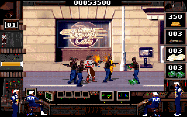 Crime Wave IBM PC/Compatibles Screenshot: Enemies attack from all directions...