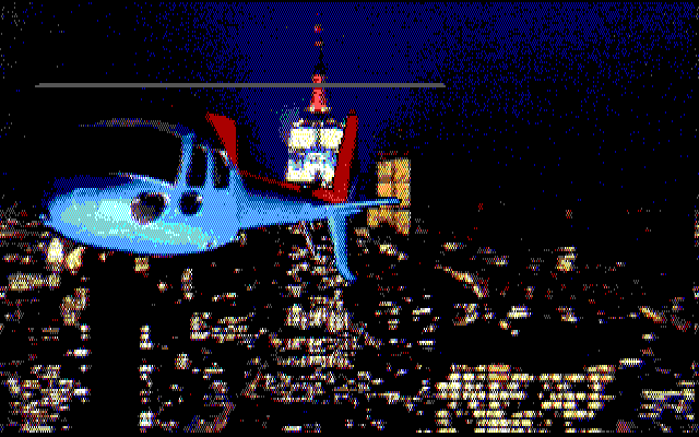 Crime Wave IBM PC/Compatibles Screenshot: A helicopter flies over the city...