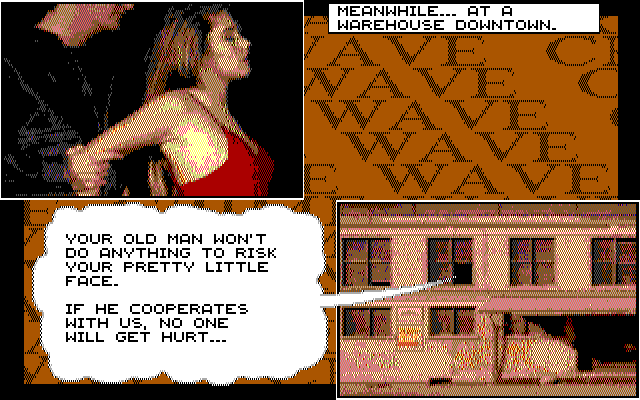 Crime Wave IBM PC/Compatibles Screenshot: Meanwhile, at a warehouse downtown...