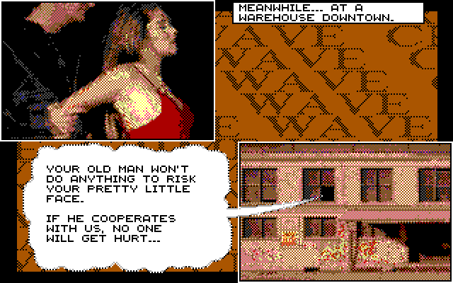 Crime Wave IBM PC/Compatibles Screenshot: Meanwhile, at a warehouse downtown...