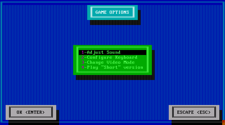 Crime Wave IBM PC/Compatibles Screenshot: The main configuration menu.