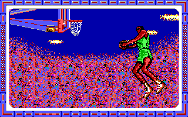 Double Dribble IBM PC/Compatibles Screenshot: Green team goes for a slam dunk...