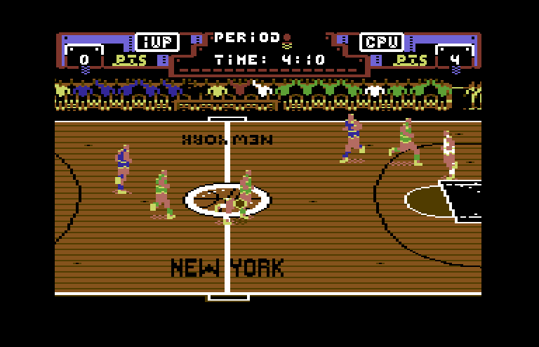 Double Dribble Commodore 64 Screenshot: The character flashing white is controlled by the player.