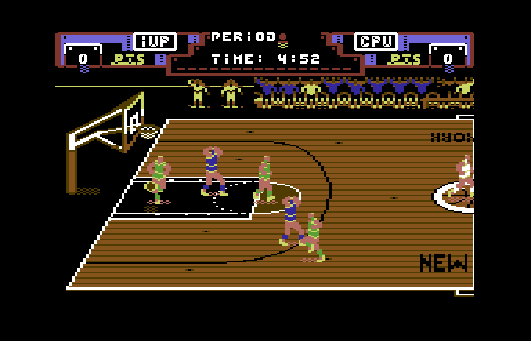 Double Dribble Commodore 64 Screenshot: Computer player attempts to score...