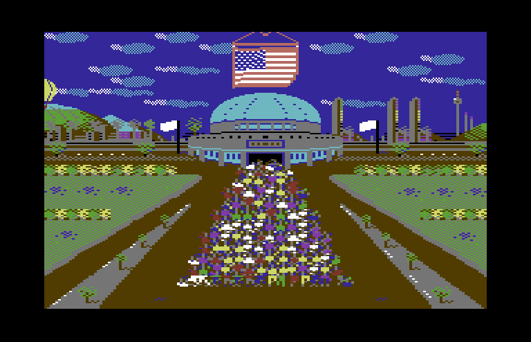 Double Dribble Commodore 64 Screenshot: The flag floats above the stadium...
