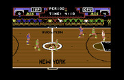 Double Dribble for Commodore 64 - The character flashing white is controlled by the player.