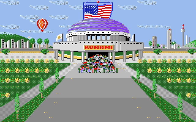 Double Dribble Amiga Screenshot: The American flag floats up above the stadium...