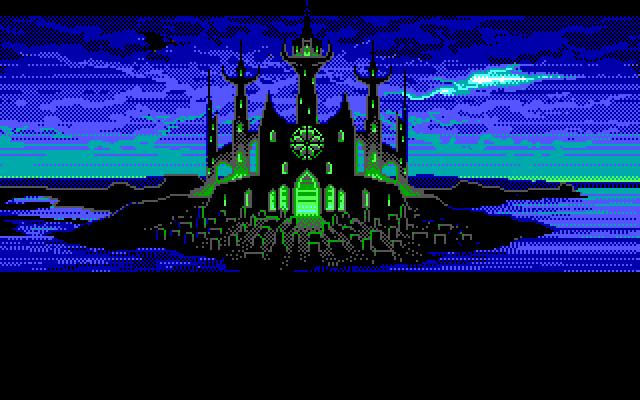 Loom IBM PC/Compatibles Screenshot: Caught, and being flown to this suspicious looking island!