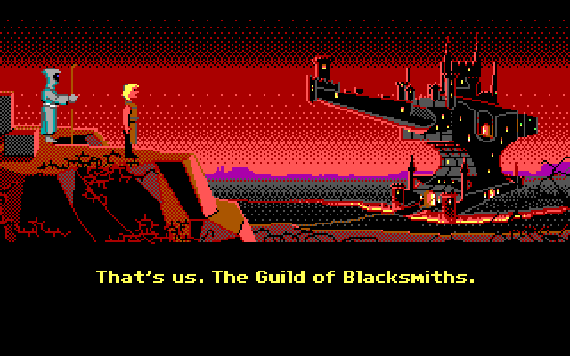 Loom IBM PC/Compatibles Screenshot: Welcome to the Guild of Blacksmiths!