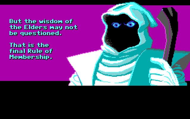 Loom IBM PC/Compatibles Screenshot: The Eleders don't like to be questioned...