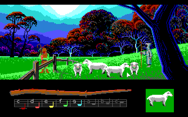 Loom IBM PC/Compatibles Screenshot: Some sheep...and a guy sleeping!