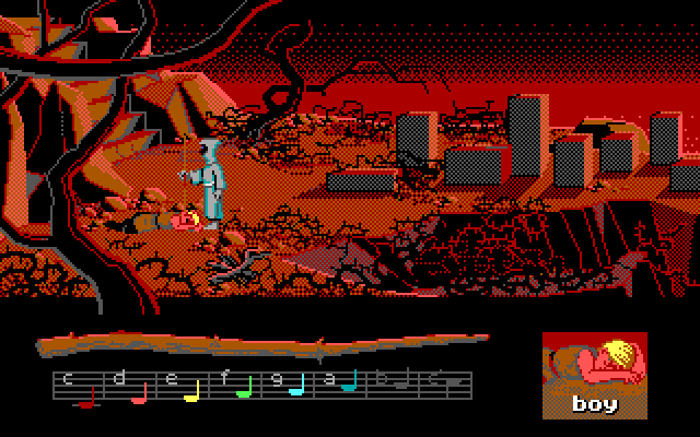 Loom IBM PC/Compatibles Screenshot: A boy is sleeping here...