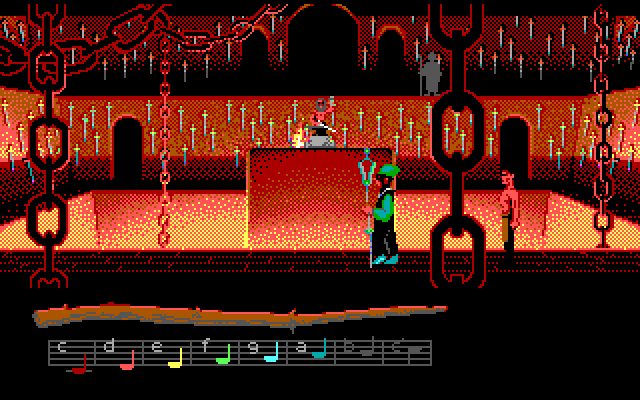 Loom IBM PC/Compatibles Screenshot: I'm in the background; can I stop an evil plot from here?