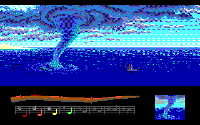 Loom IBM PC/Compatibles Screenshot: Listen to that twisty wind! How will I get past this?