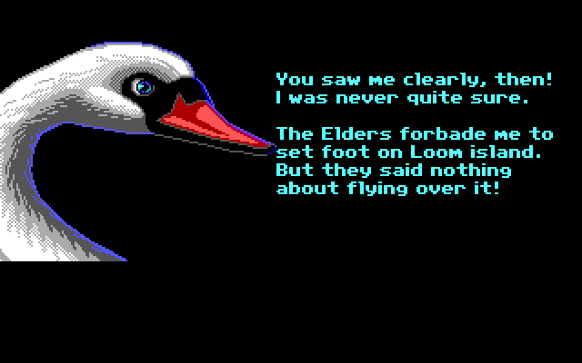 Loom IBM PC/Compatibles Screenshot: Talking with a swan...