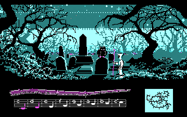 Loom IBM PC/Compatibles Screenshot: Exploring a graveyard.