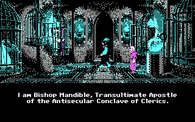 Loom IBM PC/Compatibles Screenshot: Introducing Bishop Mandible...