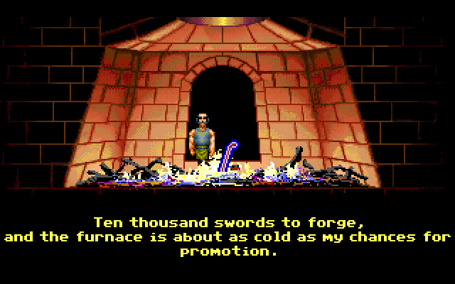Loom IBM PC/Compatibles Screenshot: My distaff has been thrown into the fire! Uh oh!