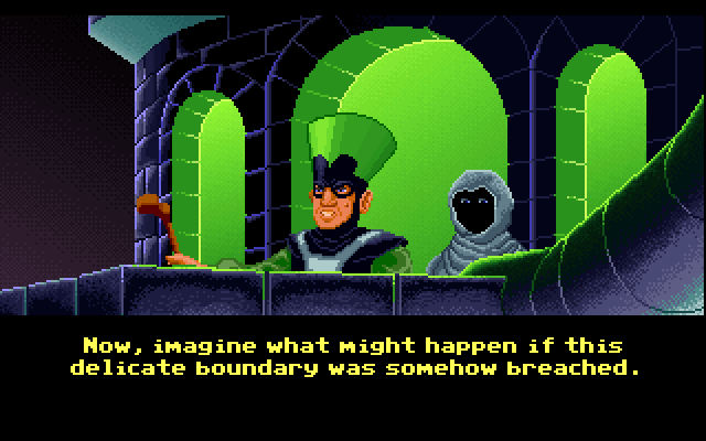 Loom IBM PC/Compatibles Screenshot: The Bishop reveals his plans.