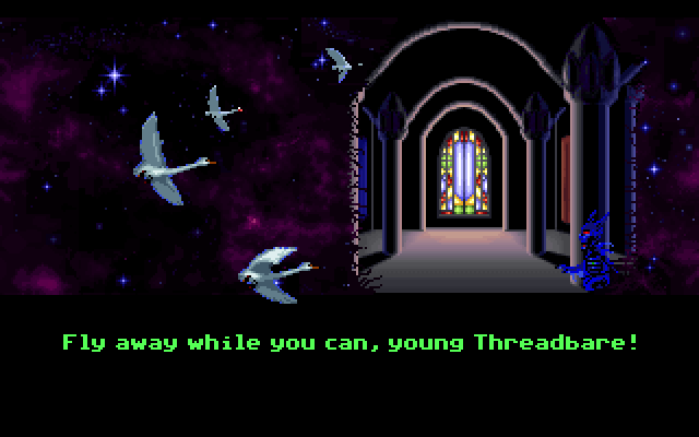 Loom IBM PC/Compatibles Screenshot: Fly away, while you can!
