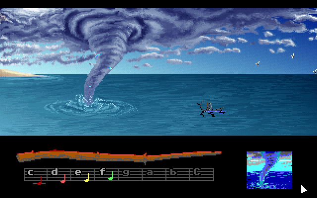 Loom IBM PC/Compatibles Screenshot: Listen to that twisty wind! How can I get past this?