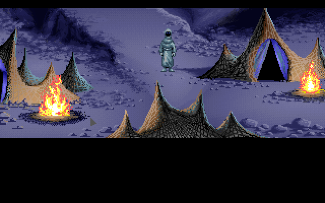 Loom IBM PC/Compatibles Screenshot: A close up view as you enter the town...