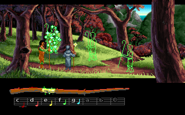 Loom IBM PC/Compatibles Screenshot: Shepherds appear out of nowhere and block the path!