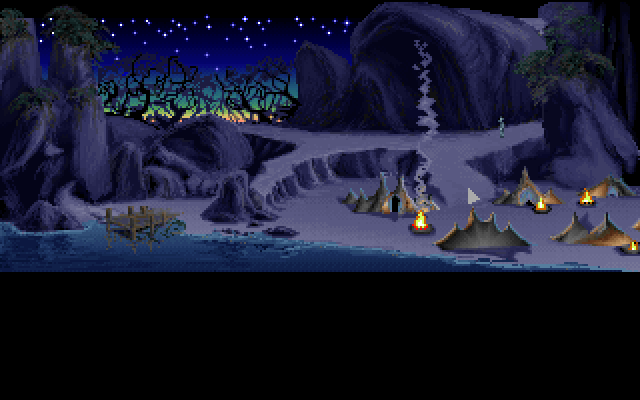 Loom IBM PC/Compatibles Screenshot: Another view of the island; there a few paths to follow and tents you can visit.