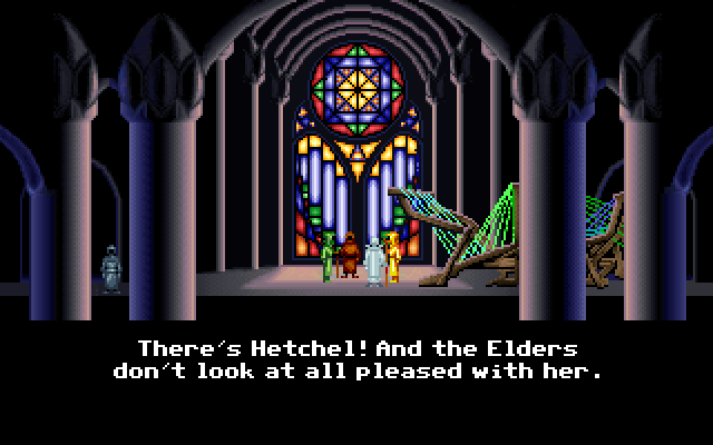 Loom IBM PC/Compatibles Screenshot: The Elders talk with Hetchel.