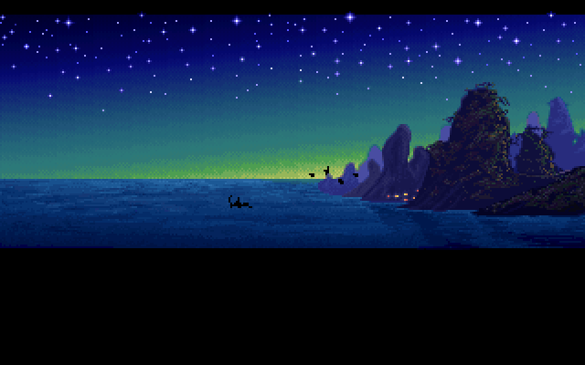 Loom IBM PC/Compatibles Screenshot: Floating away on a log...