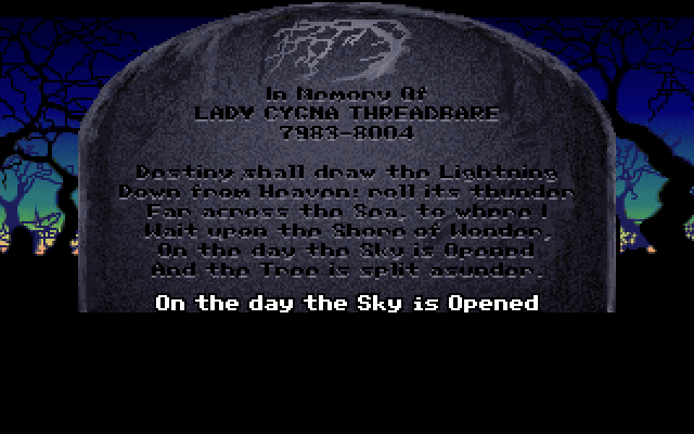 Loom IBM PC/Compatibles Screenshot: Examining a gravestone...