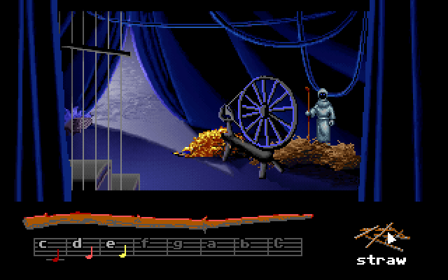 Loom IBM PC/Compatibles Screenshot: Practice turning straw into gold...that will be useful later on the game!