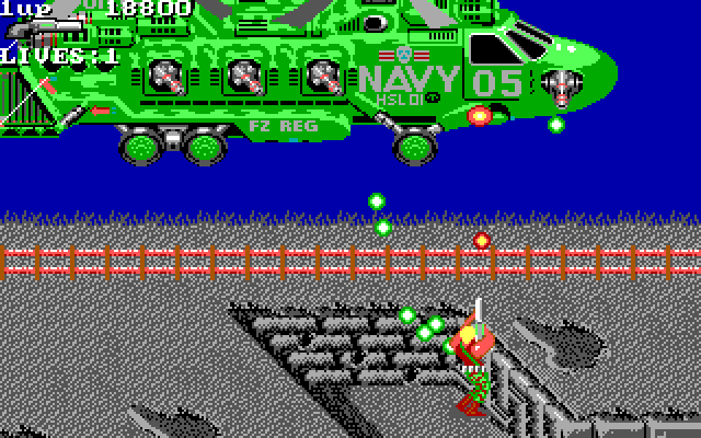 Super Contra IBM PC/Compatibles Screenshot: Attacked by a large helicopter!