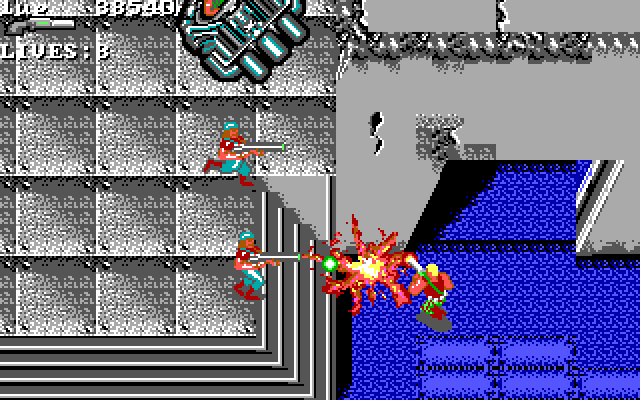 Super Contra IBM PC/Compatibles Screenshot: That was close! Don't get hit by enemy fire...