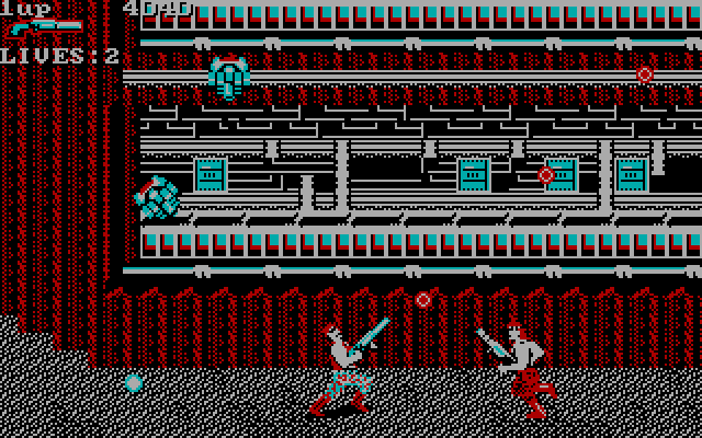 Super Contra IBM PC/Compatibles Screenshot: Attacked from multiple directions at once...