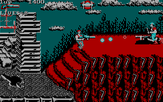 Super Contra IBM PC/Compatibles Screenshot: Enemies are often positioned in difficult to get past locations.