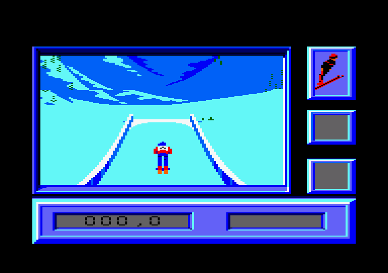 Downhill Challenge Amstrad CPC Screenshot: The end of the jump...