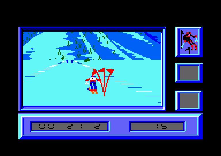 Downhill Challenge Amstrad CPC Screenshot: Thack! I ran into the flag...