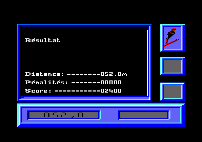 Downhill Challenge Amstrad CPC Screenshot: Ski jump results...