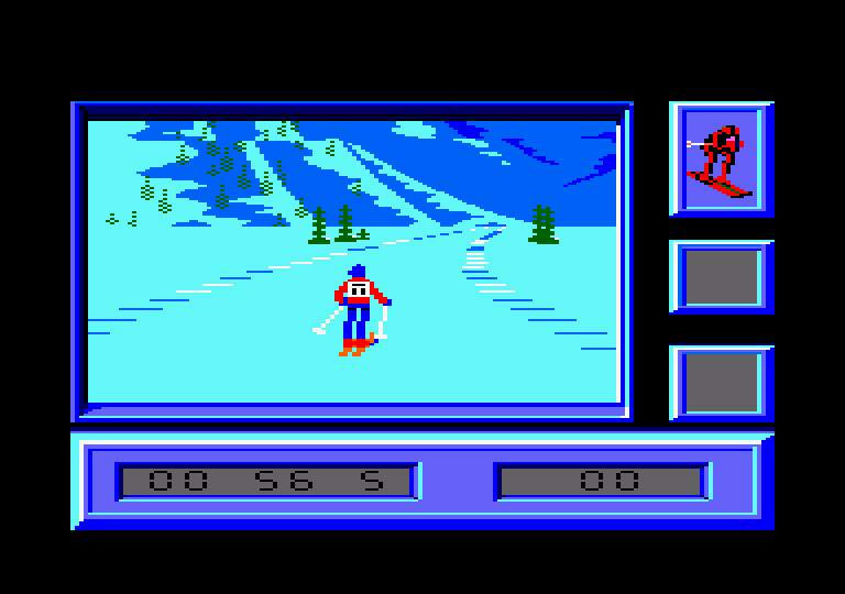 Downhill Challenge Amstrad CPC Screenshot: A lovely day for downhill skiing...