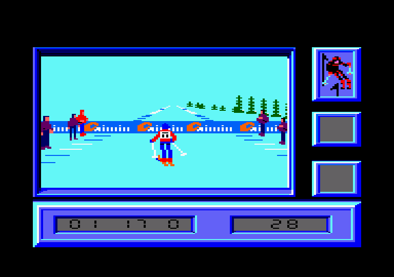 Downhill Challenge Amstrad CPC Screenshot: Slow down and don't crash into the barrier at the end of the track!