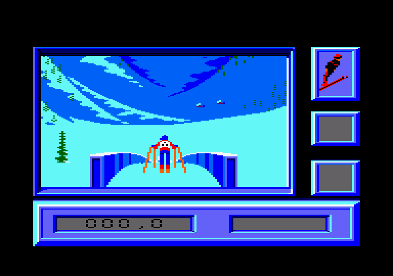 Downhill Challenge Amstrad CPC Screenshot: Ready for the ski jump?