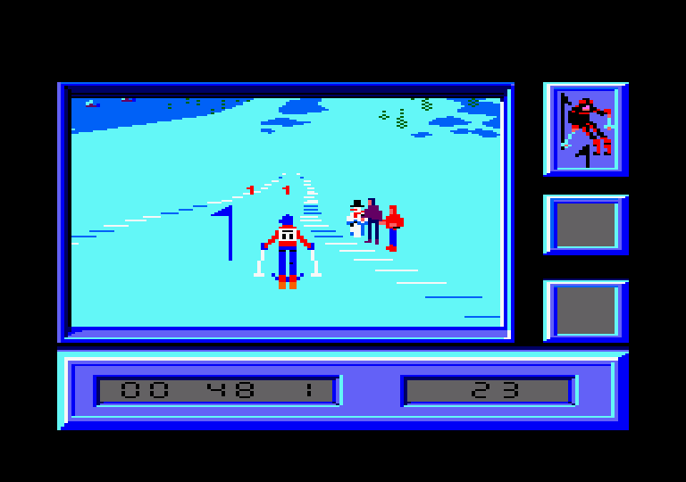 Downhill Challenge Amstrad CPC Screenshot: Don't ski into the spectators!