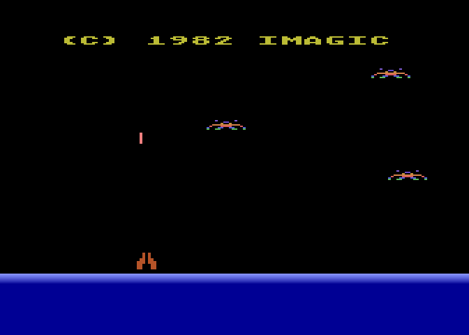Demon Attack Atari 8-bit Screenshot: Game demo mode.