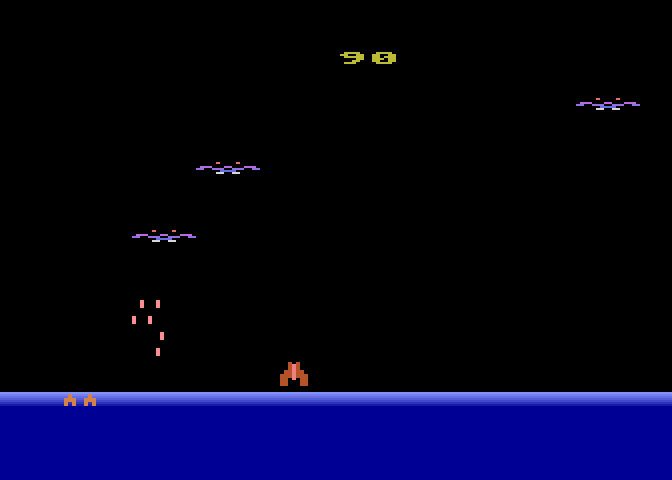 Demon Attack Atari 8-bit Screenshot: Round two; don't get bombed by demons...