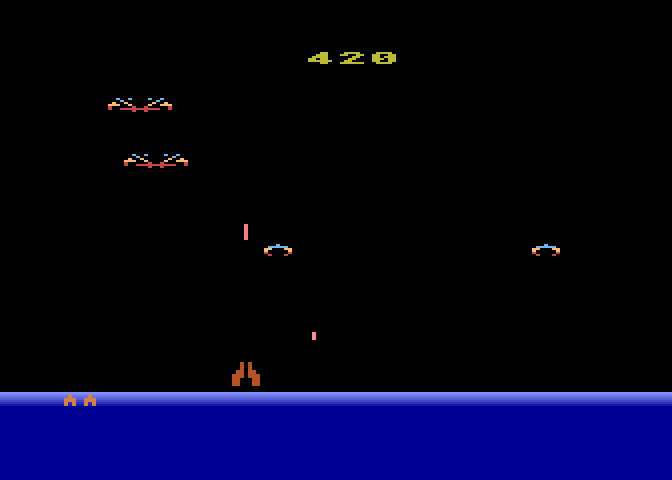 Demon Attack Atari 8-bit Screenshot: On some levels the demons split into two when shot...